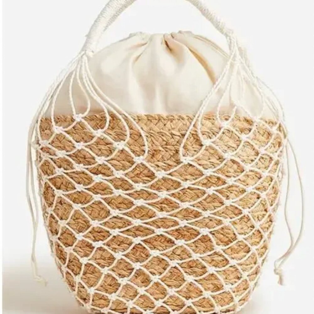 JCREW~BNWT~ Raffia Sedona Basket Bag in Straw with White Netting